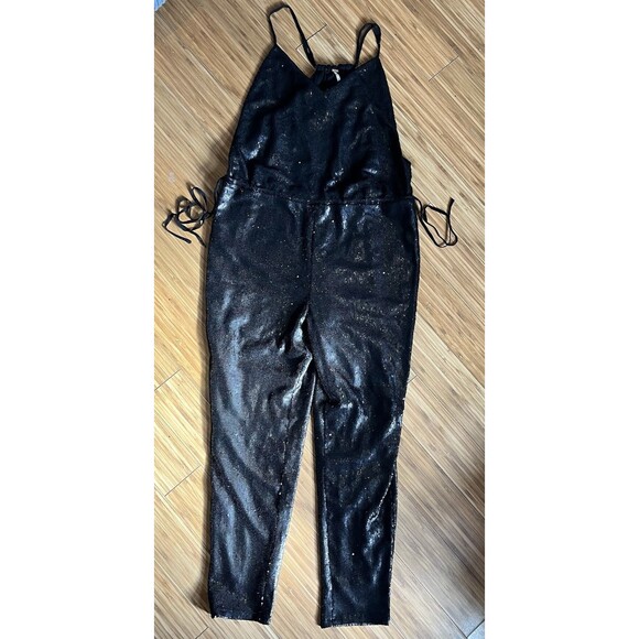 Free People Jumpsuit Womens XS New Years Black Tie Shiny Sequined Pantsuit - Picture 1 of 16